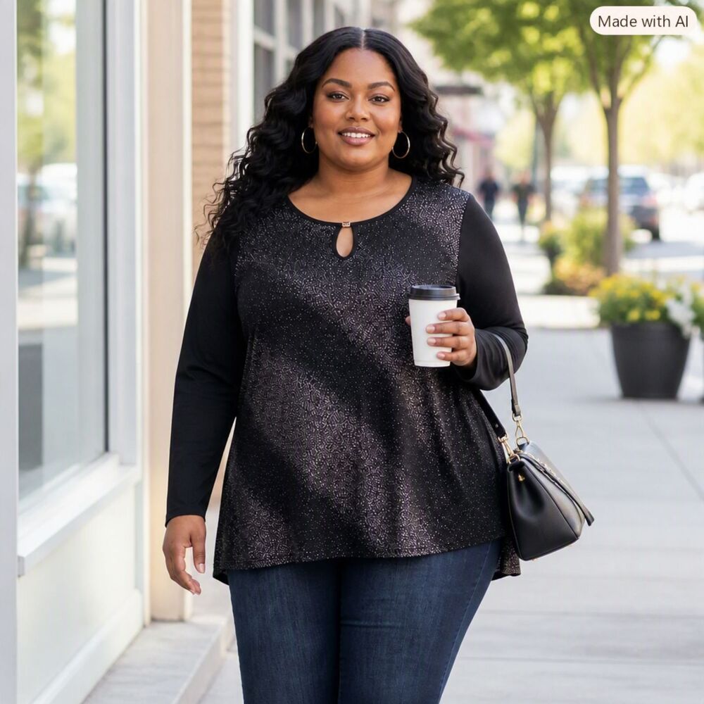 Notations Sparkle Keyhole Blouse 2X | Modern Glam Look | Plus Size Evening Top |
